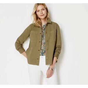 J.Jill Cotton Blend Long Sleeve Button-Down Shirt Jacket Olive Green Women's M